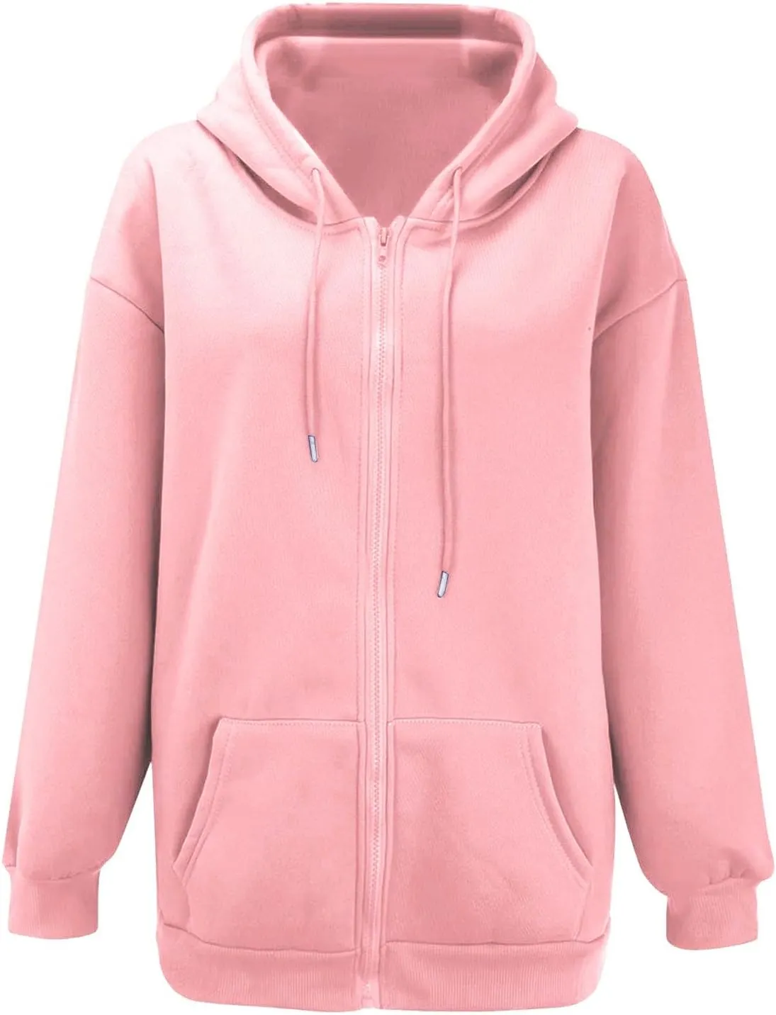 Women's Zip Up Hoodies Solid Color Oversized Sweatshirt Clothing Fall Casual Drawstring Jacket with Pockets