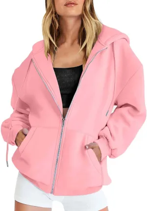 Women's Zip Up Hoodies Solid Color Oversized Sweatshirt Clothing Fall Casual Drawstring Jacket with Pockets