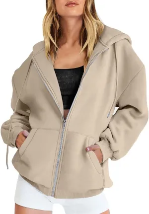 Women's Zip Up Hoodies Solid Color Oversized Sweatshirt Clothing Fall Casual Drawstring Jacket with Pockets