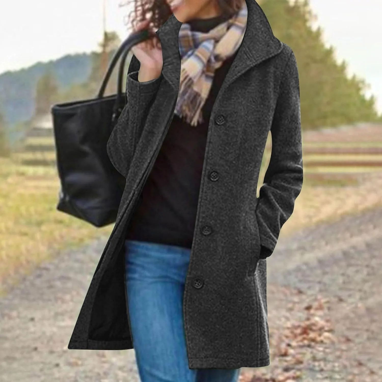 Wool Coats for Women Trendy Pea Coat Single Breasted Dress Coats Warm Wool Blazers Casual Winter Jacket with Pockets