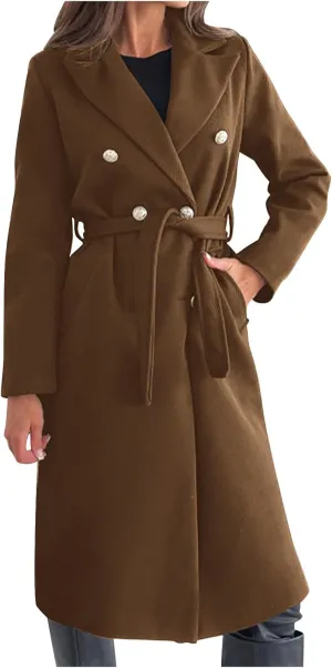 yardsong Womens Wool Blend Pea Coat Double Breasted Slim Fit Belted Trench Coats Winter Fashion Business Long Jackets