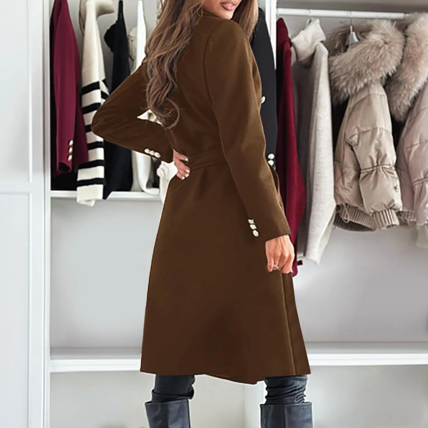yardsong Womens Wool Blend Pea Coat Double Breasted Slim Fit Belted Trench Coats Winter Fashion Business Long Jackets