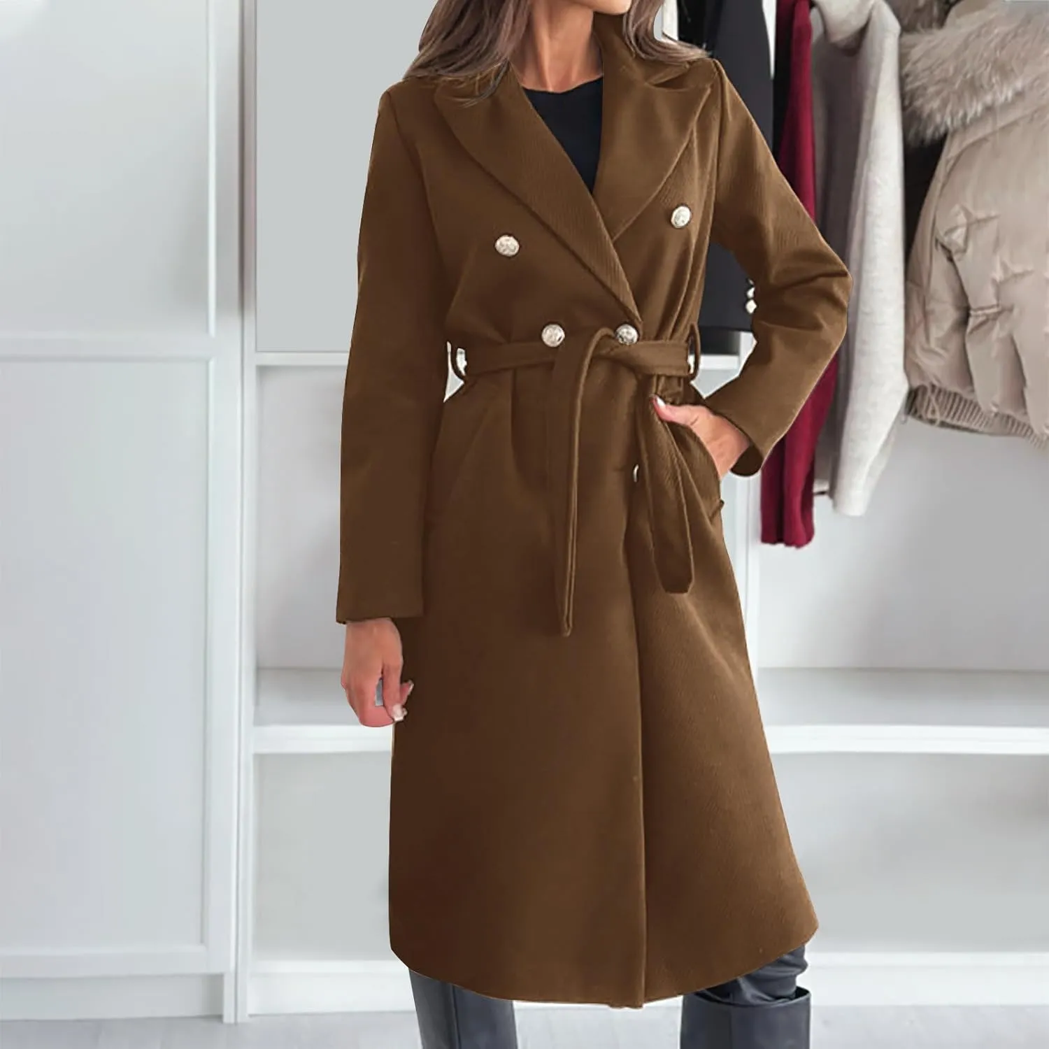 yardsong Womens Wool Blend Pea Coat Double Breasted Slim Fit Belted Trench Coats Winter Fashion Business Long Jackets