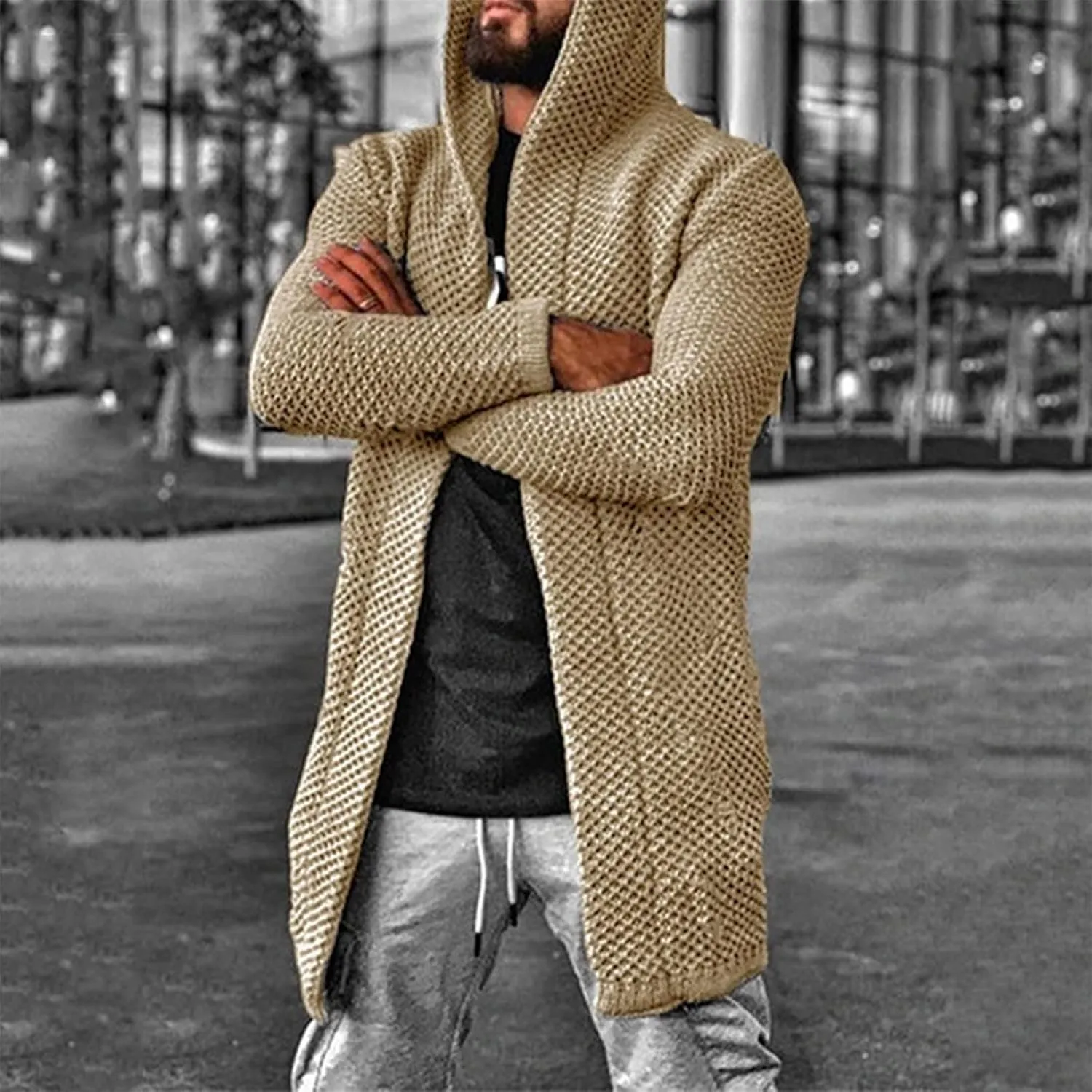 Ymosrh Men's Coat Jacket Long Cardigan Open Front Fall Casual Winter Warm Knit Sweater Coat Fashion Outwear, XL-5XL