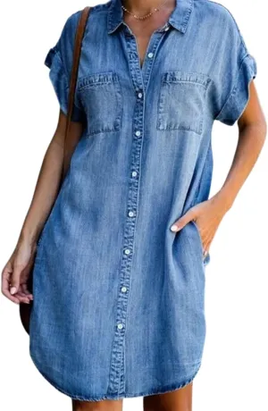 yoeasy Women's Short Sleeve Denim Shirt Mini Dress Button Down Tunic Jean Dress with Pockets