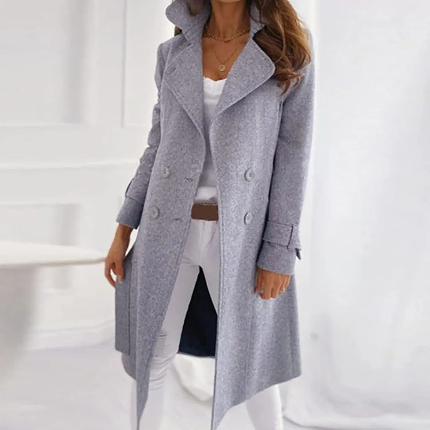 YRAETENM Pea Coats for Women Double Breasted Notched Lapel Winter Trench Coat Elegant Wool Blend over Coats Long Jackets