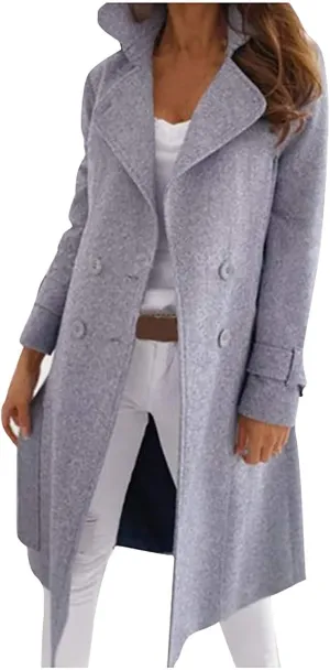 YRAETENM Pea Coats for Women Double Breasted Notched Lapel Winter Trench Coat Elegant Wool Blend over Coats Long Jackets