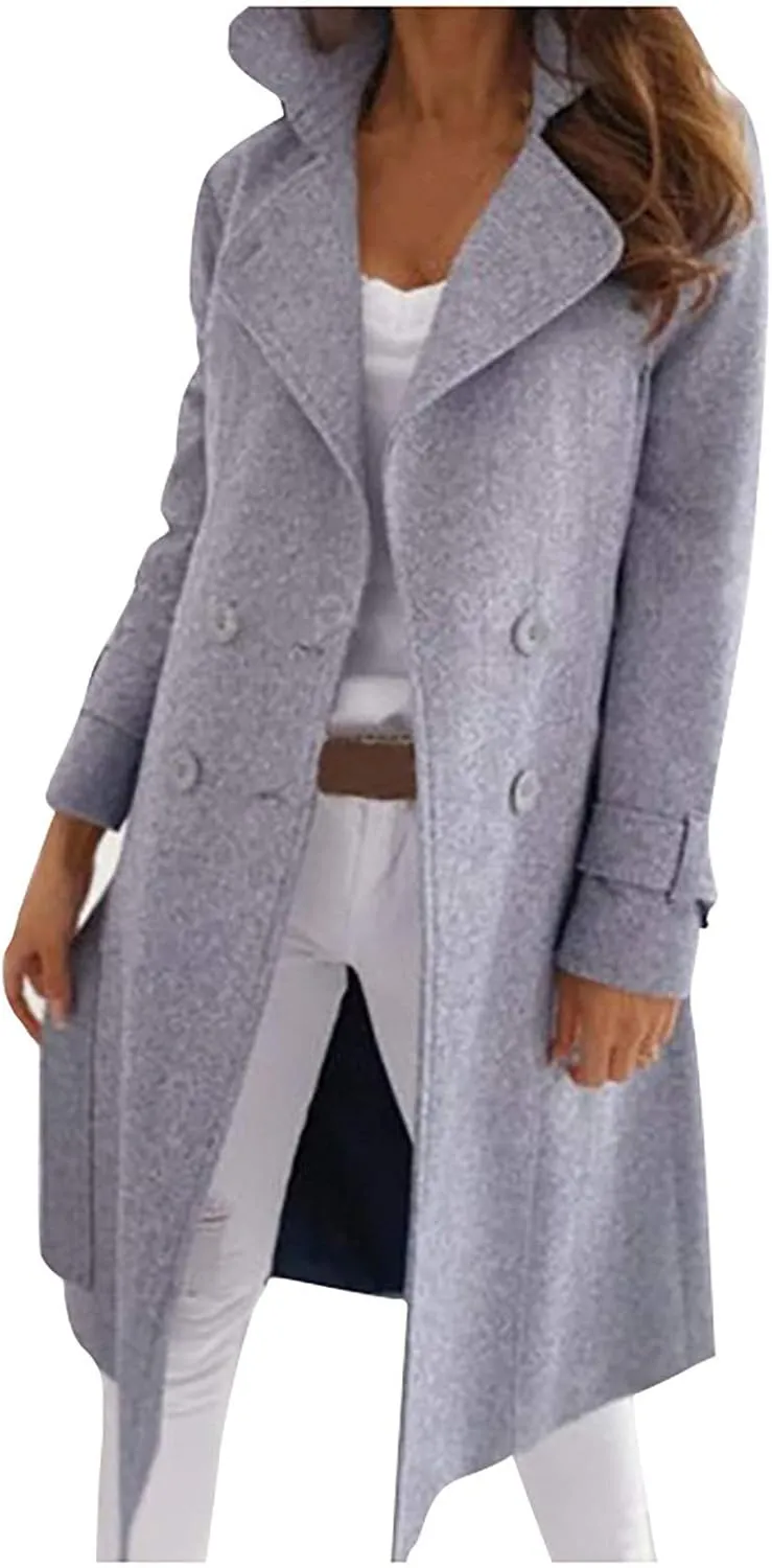 YRAETENM Pea Coats for Women Double Breasted Notched Lapel Winter Trench Coat Elegant Wool Blend over Coats Long Jackets