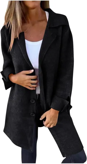 YRAETENM Trench Coat Women Single Breasted Notch Lapel Wool Coats Casual Mid Long Solid Color Jackets Fall Winter Outwear