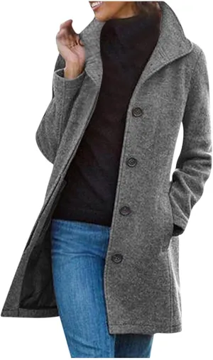 YRAETENM Trench Coats for Women Single Breasted Label Mid Length Overcoat Business Casual Wool Pea Coat Fall Winter Outwear