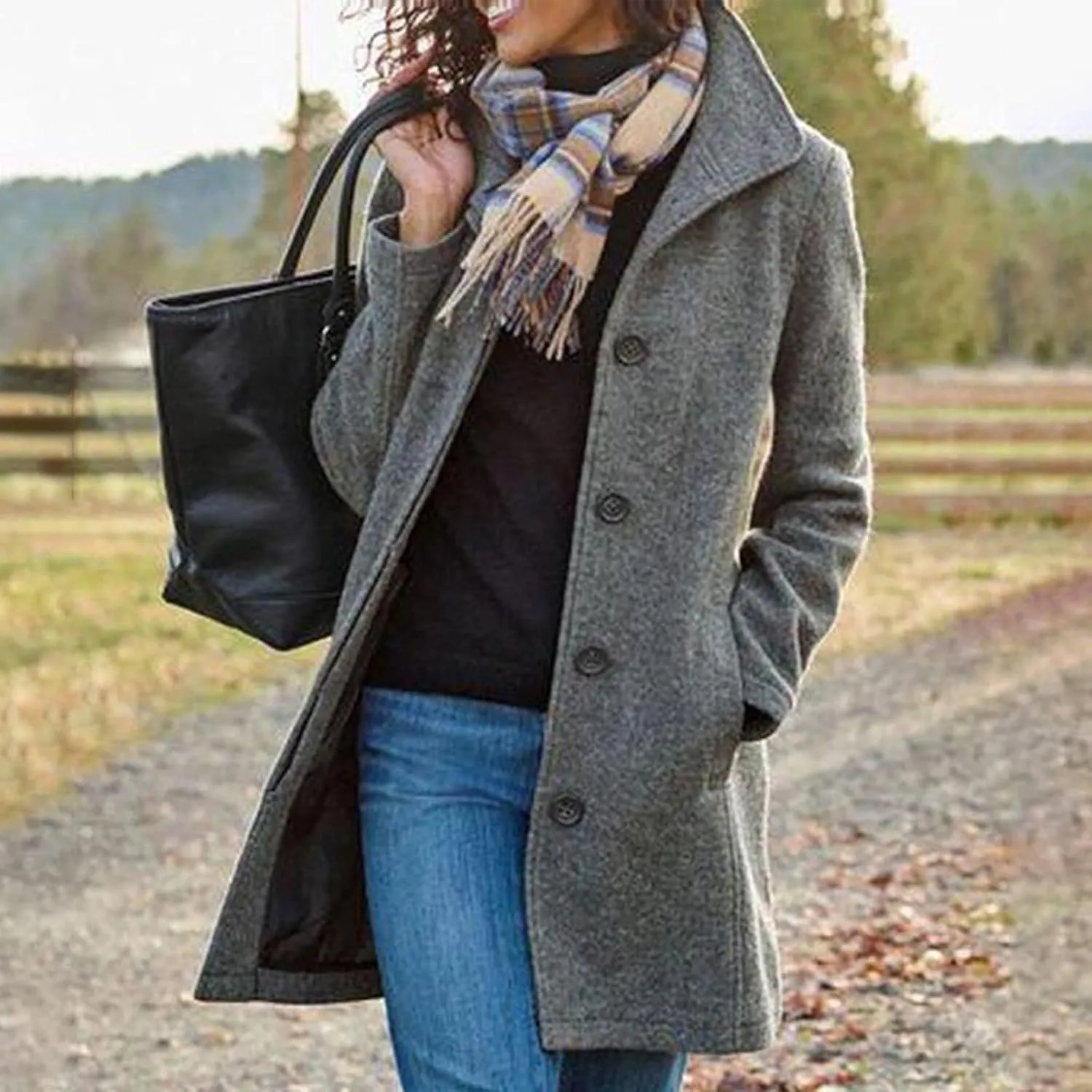 YRAETENM Trench Coats for Women Single Breasted Label Mid Length Overcoat Business Casual Wool Pea Coat Fall Winter Outwear