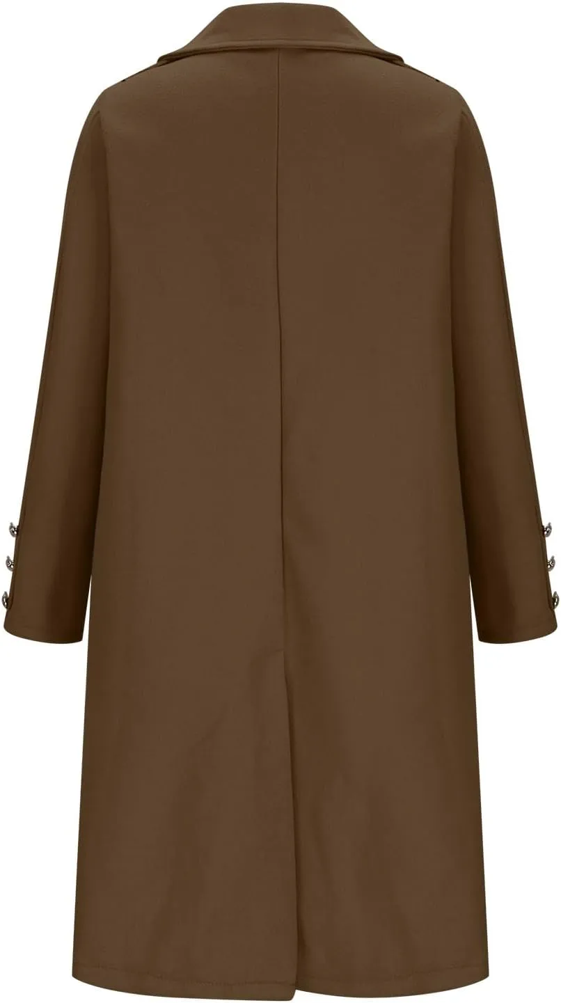 YRAETENM Winter Coats for Women 2024 Notched Lapel Collar Double Breasted Pea Coats Plus Size Mid-Long Wool Trench Coat