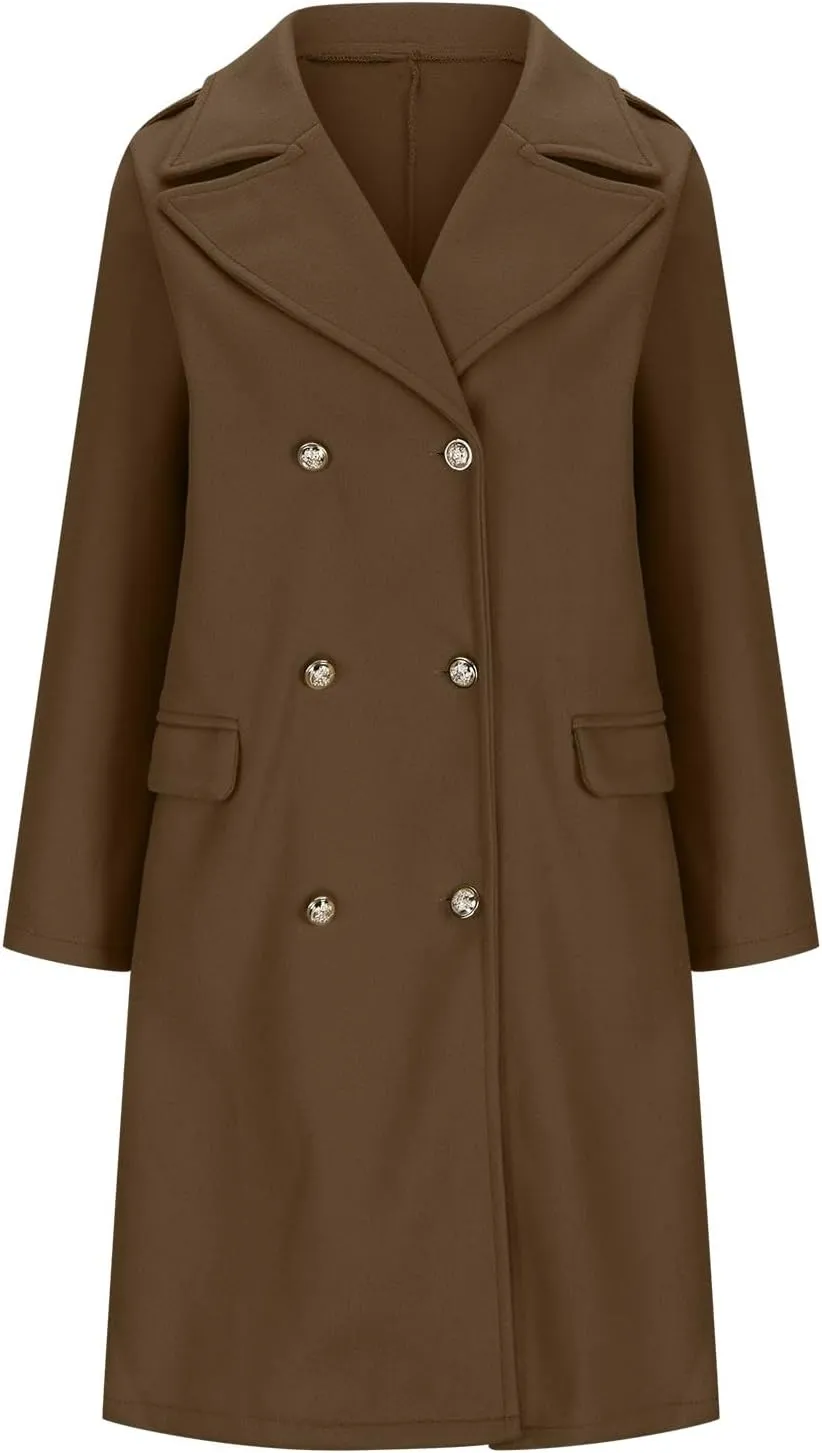 YRAETENM Winter Coats for Women 2024 Notched Lapel Collar Double Breasted Pea Coats Plus Size Mid-Long Wool Trench Coat