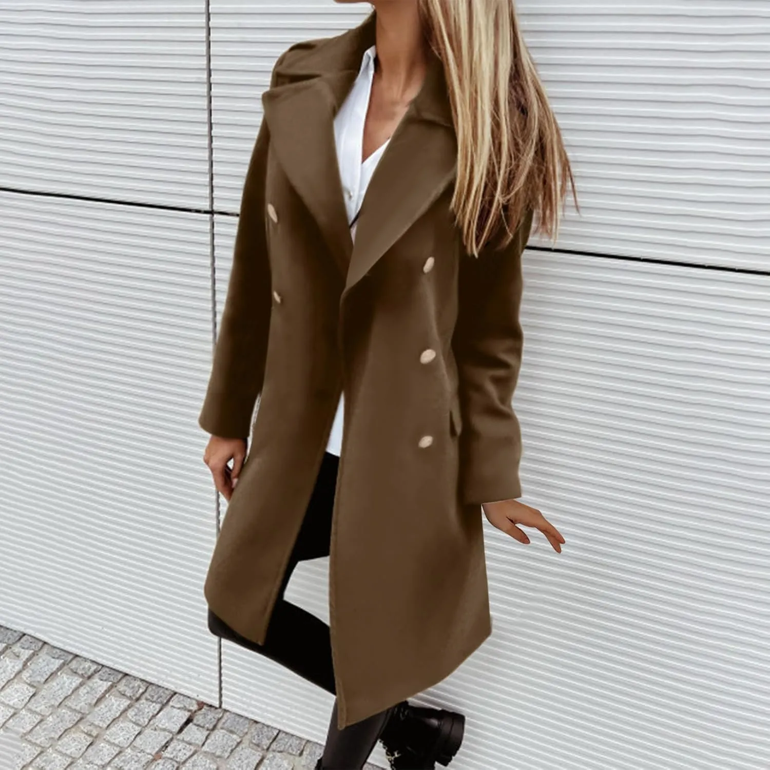 YRAETENM Winter Coats for Women 2024 Notched Lapel Collar Double Breasted Pea Coats Plus Size Mid-Long Wool Trench Coat