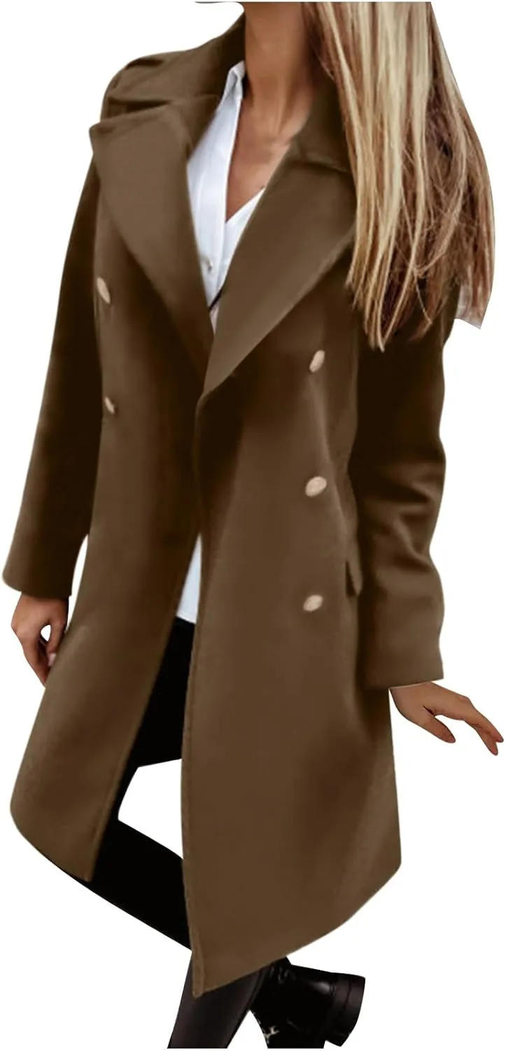 YRAETENM Winter Coats for Women 2024 Notched Lapel Collar Double Breasted Pea Coats Plus Size Mid-Long Wool Trench Coat
