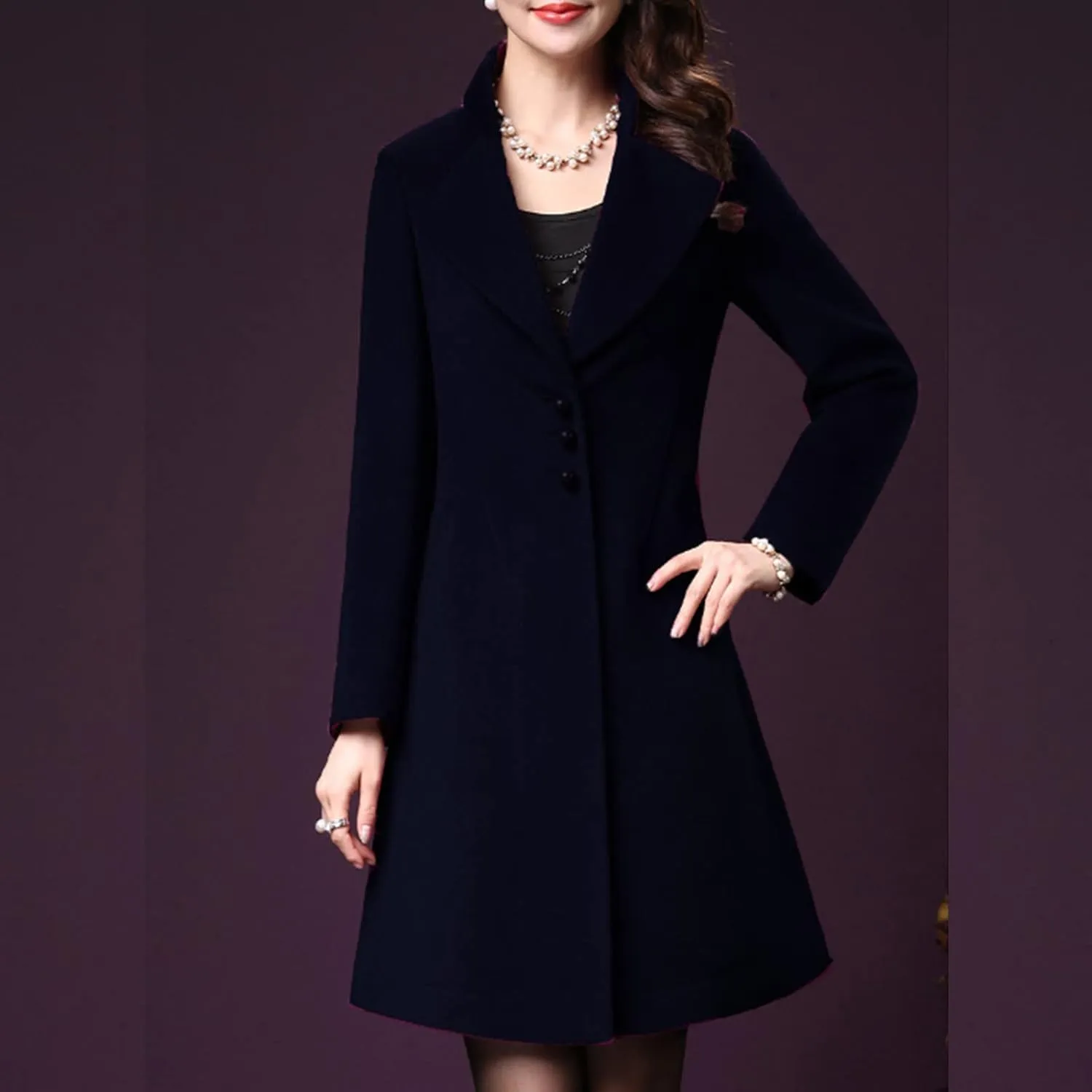 YRAETENM Winter Coats for Women Elegant Single Breasted Long Wool Coat Overcoat Casual Slim Fit Lapel Collar Trench Coats