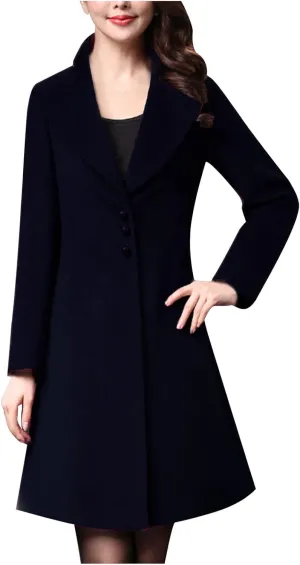 YRAETENM Winter Coats for Women Elegant Single Breasted Long Wool Coat Overcoat Casual Slim Fit Lapel Collar Trench Coats