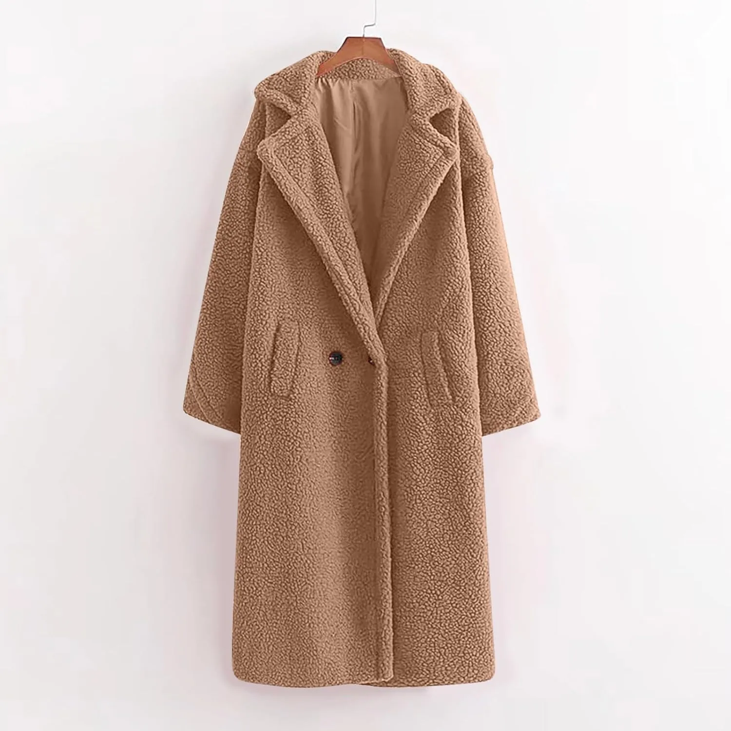 YRAETENM Winter Jackets for Women Fuzzy Fleece Lapel Shearling Trench Coats Casual Warm Long Overcoat Outwear with Pockets