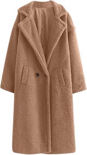 YRAETENM Winter Jackets for Women Fuzzy Fleece Lapel Shearling Trench Coats Casual Warm Long Overcoat Outwear with Pockets
