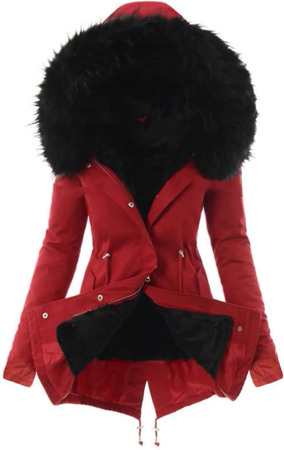 YRAETENM Winter Jackets for Women Sherpa Lined Faux Fur Hooded Mid Long Safari Parka Coat Warm Thicken Hooded Trench Coats