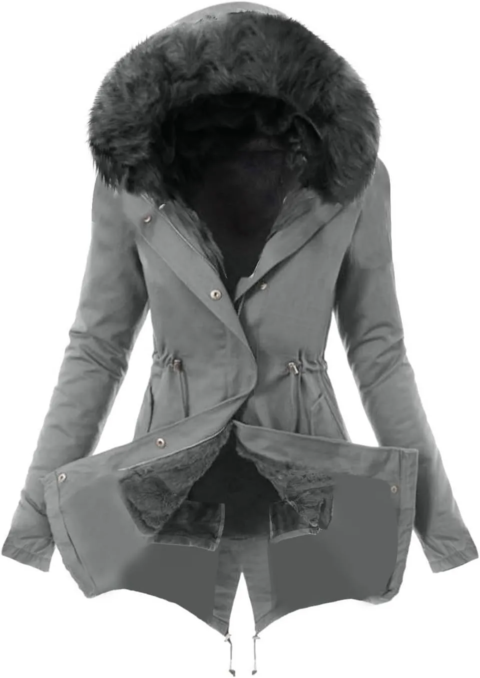 YRAETENM Winter Jackets for Women Sherpa Lined Faux Fur Hooded Mid Long Safari Parka Coat Warm Thicken Hooded Trench Coats