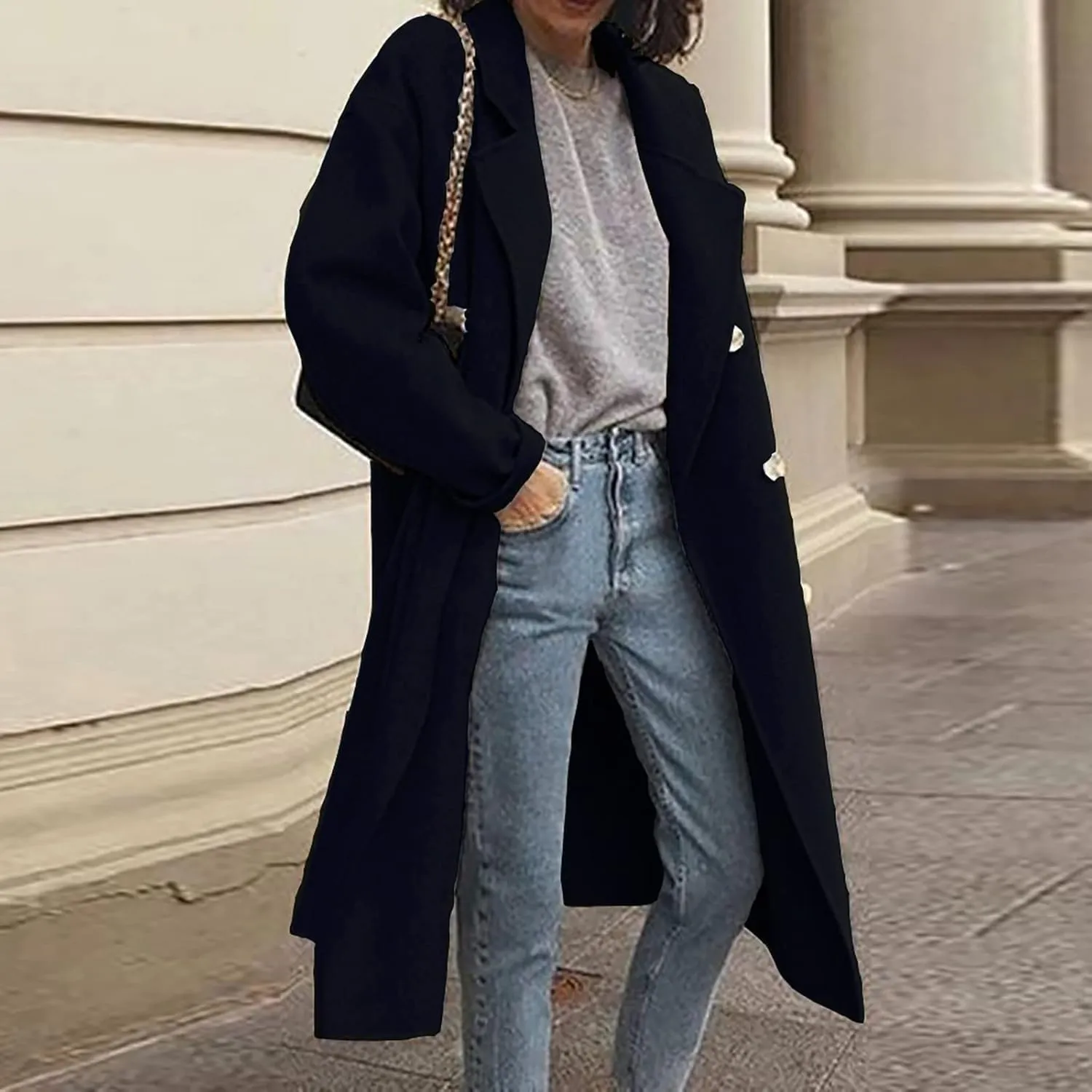 YRAETENM Winter Trench Coat Women Classic Double Breasted Wool Pea Coat Fashion Elegant Notched Lapel Warm Overcoat Jacket