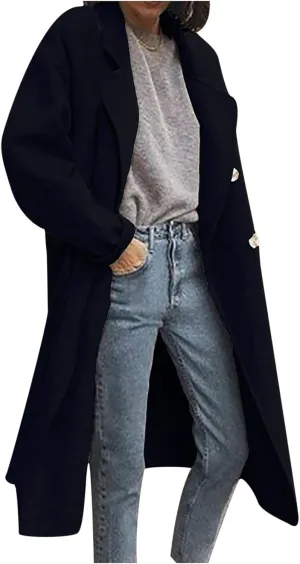 YRAETENM Winter Trench Coat Women Classic Double Breasted Wool Pea Coat Fashion Elegant Notched Lapel Warm Overcoat Jacket