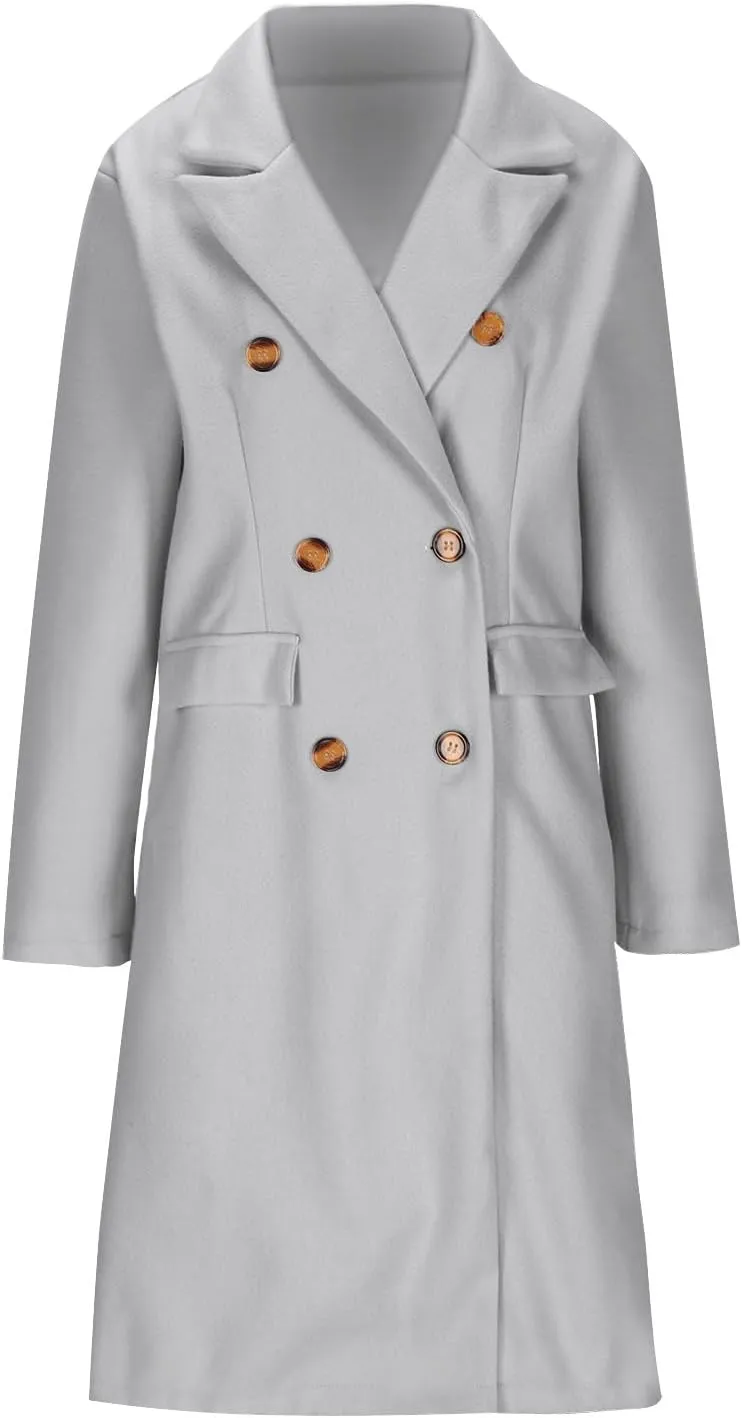YRAETENM Women Casual Double Breasted Mid Long Pea Coat Winter Notch Lapel Collar Wool Coats Plus Size Blazer Jackets Outwear