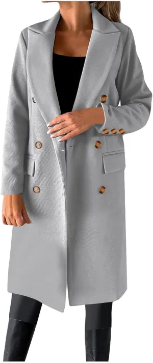 YRAETENM Women Casual Double Breasted Mid Long Pea Coat Winter Notch Lapel Collar Wool Coats Plus Size Blazer Jackets Outwear