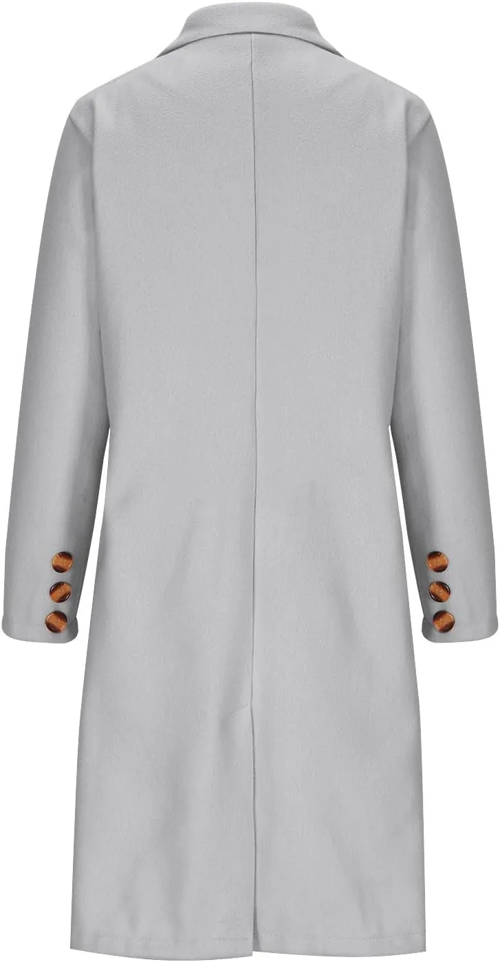 YRAETENM Women Casual Double Breasted Mid Long Pea Coat Winter Notch Lapel Collar Wool Coats Plus Size Blazer Jackets Outwear
