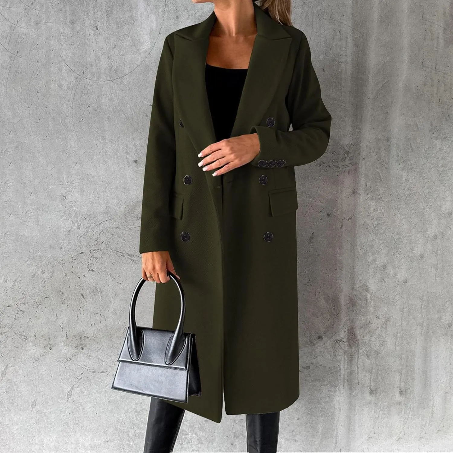 YRAETENM Women Wool Blend Pea Coat Casual Notched Collar Double Breasted Mid-Long Trench Coat Winter Thick Overcoat Outwear