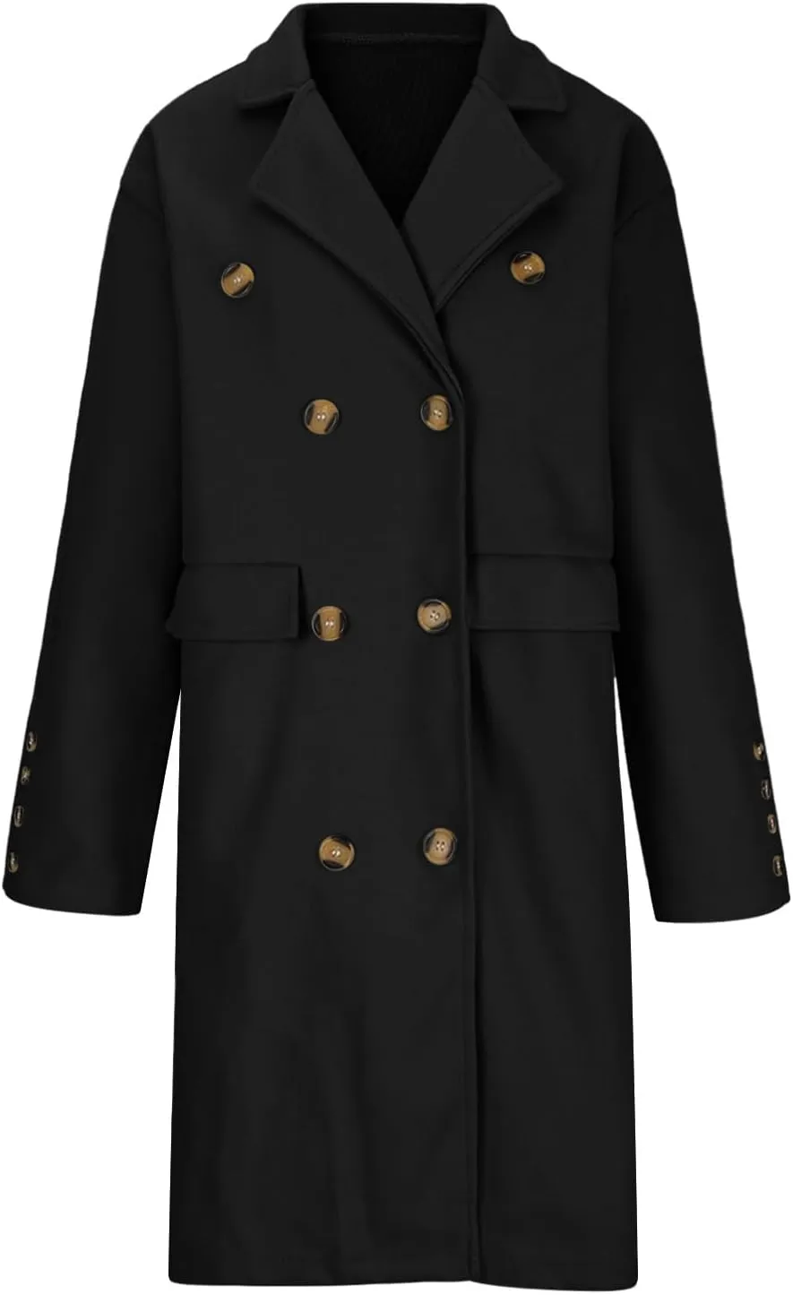 YRAETENM Women's Winter Casual Double Breasted Mid Long Wool Coat Oversized Warm Notched Lapel Business Trench Coats Outwear