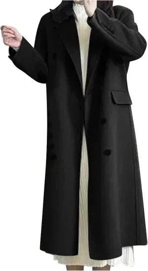 YRAETENM Women's Winter Casual Double Breasted Mid Long Wool Coat Oversized Warm Notched Lapel Business Trench Coats Outwear