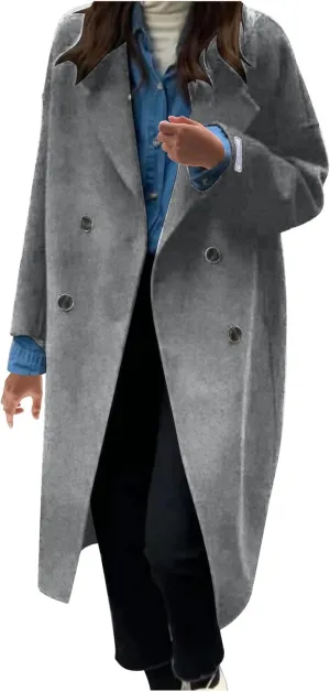 YRAETENM Women's Winter Double Breasted Wool Coat Oversized Notch Lapel Midi Long Pea Coats Dressy Casual Warm Trench Coat