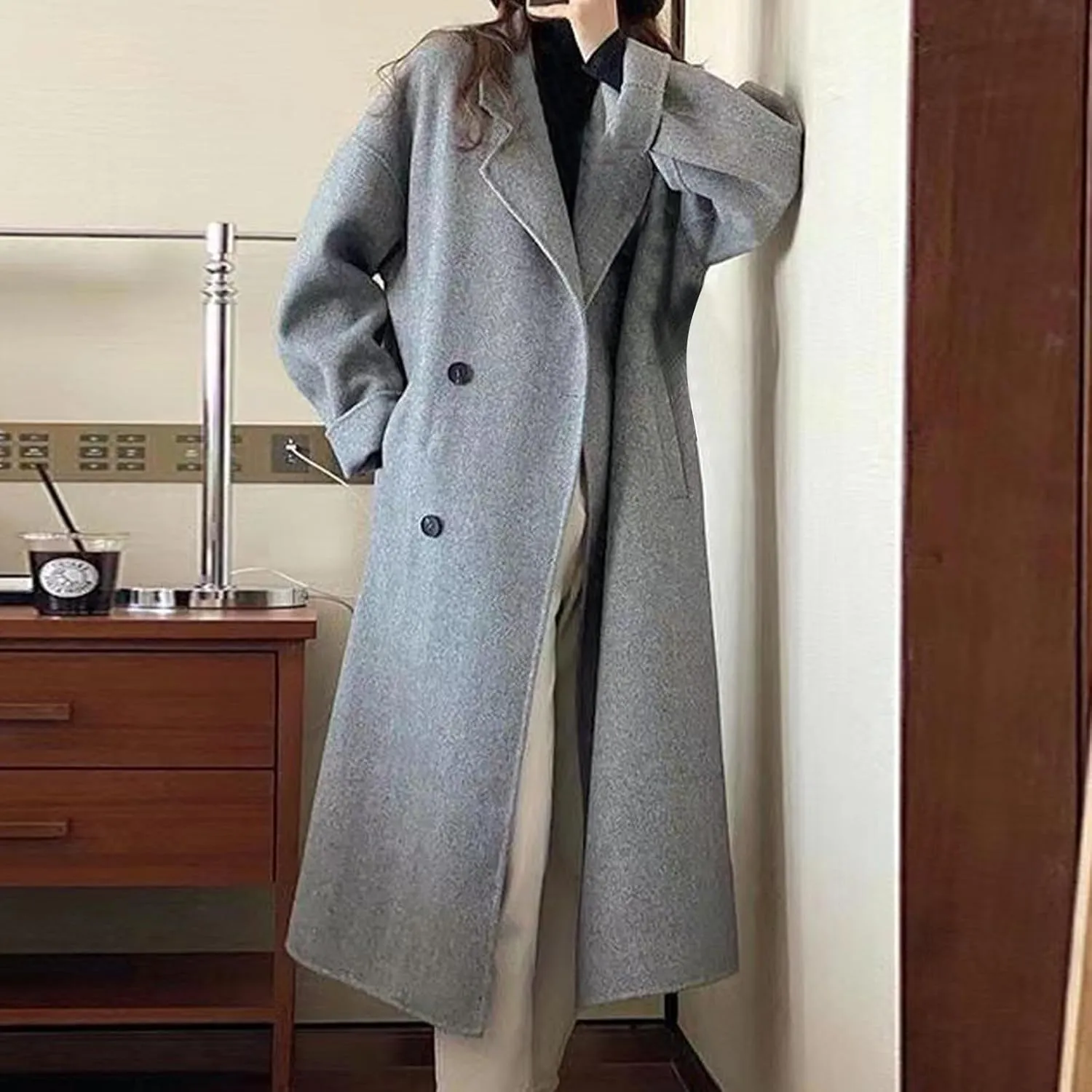 YRAETENM Women's Winter Double Breasted Wool Coat Oversized Notch Lapel Midi Long Pea Coats Dressy Casual Warm Trench Coat