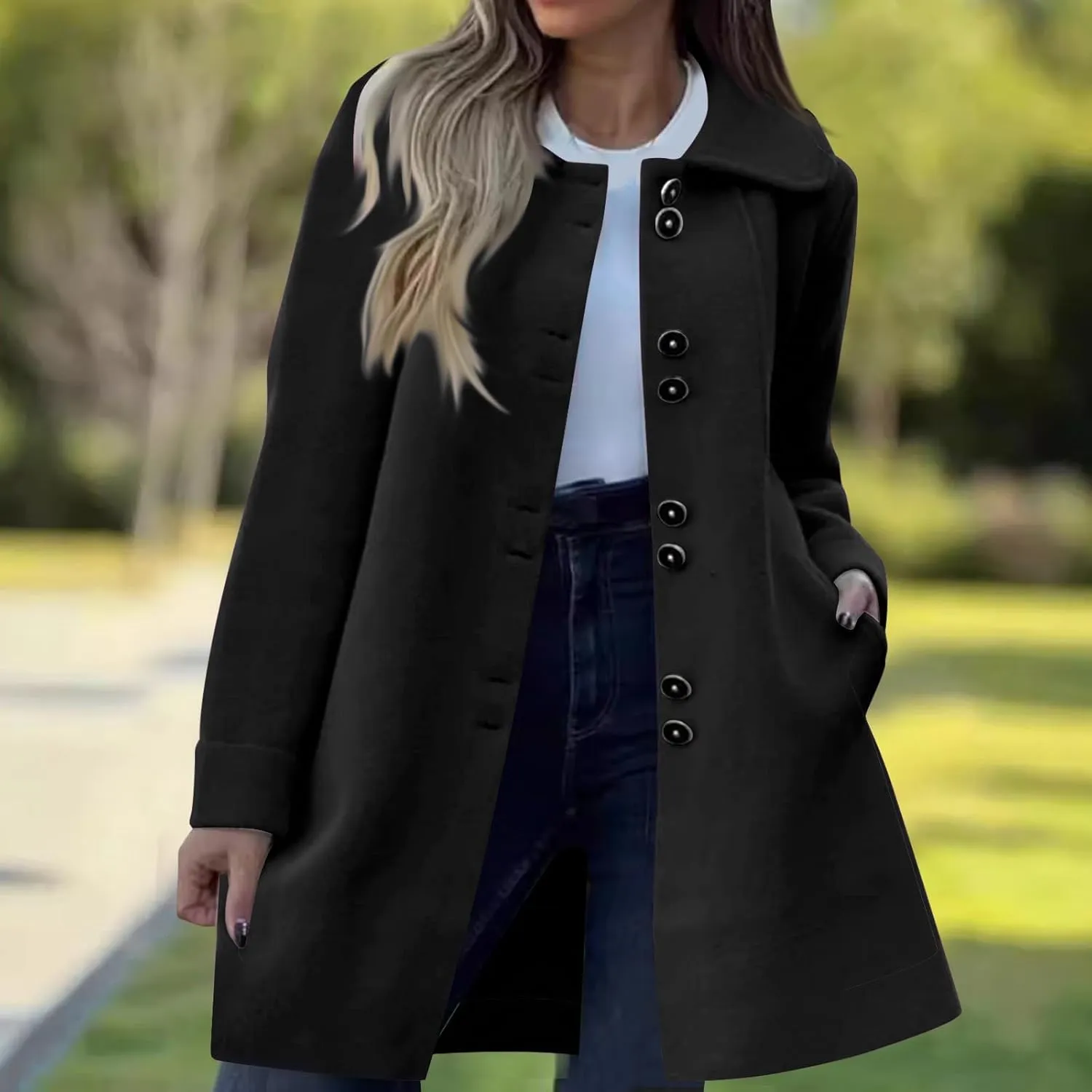 YRAETENM Womens Wool Coat Fall Winter Double Breasted Trench Coat Casual Woolen Blazer Jackets Business Mid Length Pea Coats