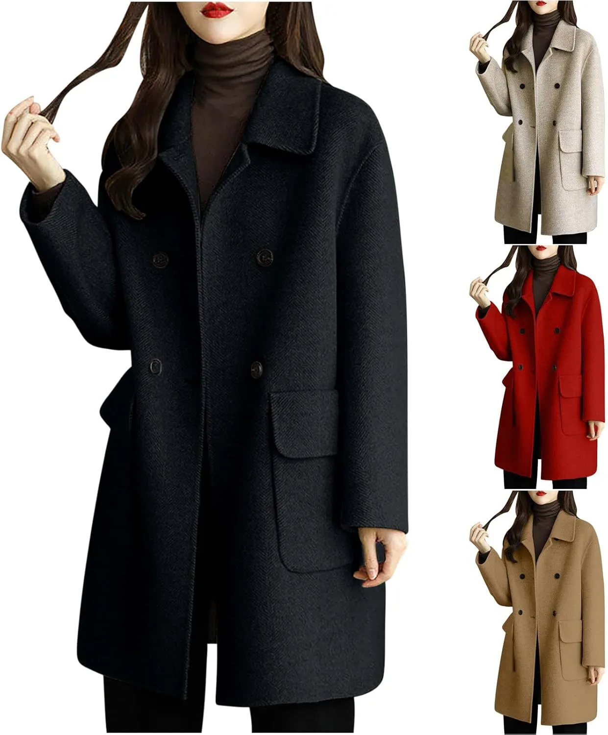YRAETENM Wool Coats for Women Casual Notch Lapel Double Breasted Warm Pea Coat Business Office Work Overcoat with Pockets