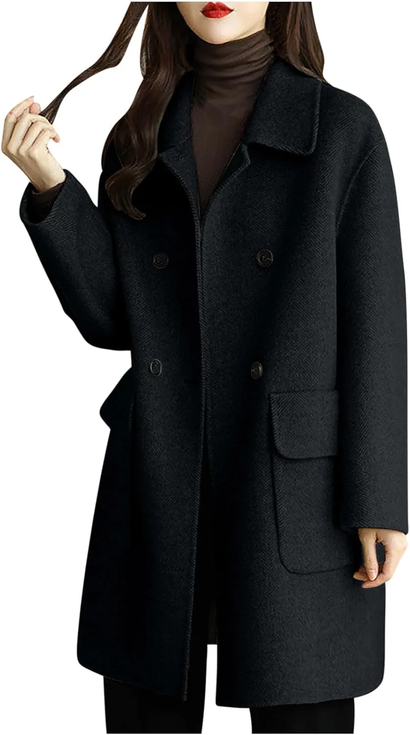 YRAETENM Wool Coats for Women Casual Notch Lapel Double Breasted Warm Pea Coat Business Office Work Overcoat with Pockets