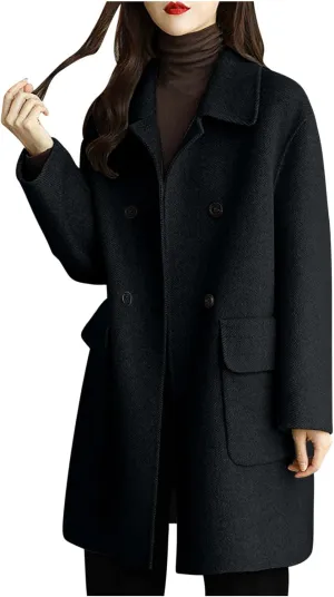 YRAETENM Wool Coats for Women Casual Notch Lapel Double Breasted Warm Pea Coat Business Office Work Overcoat with Pockets