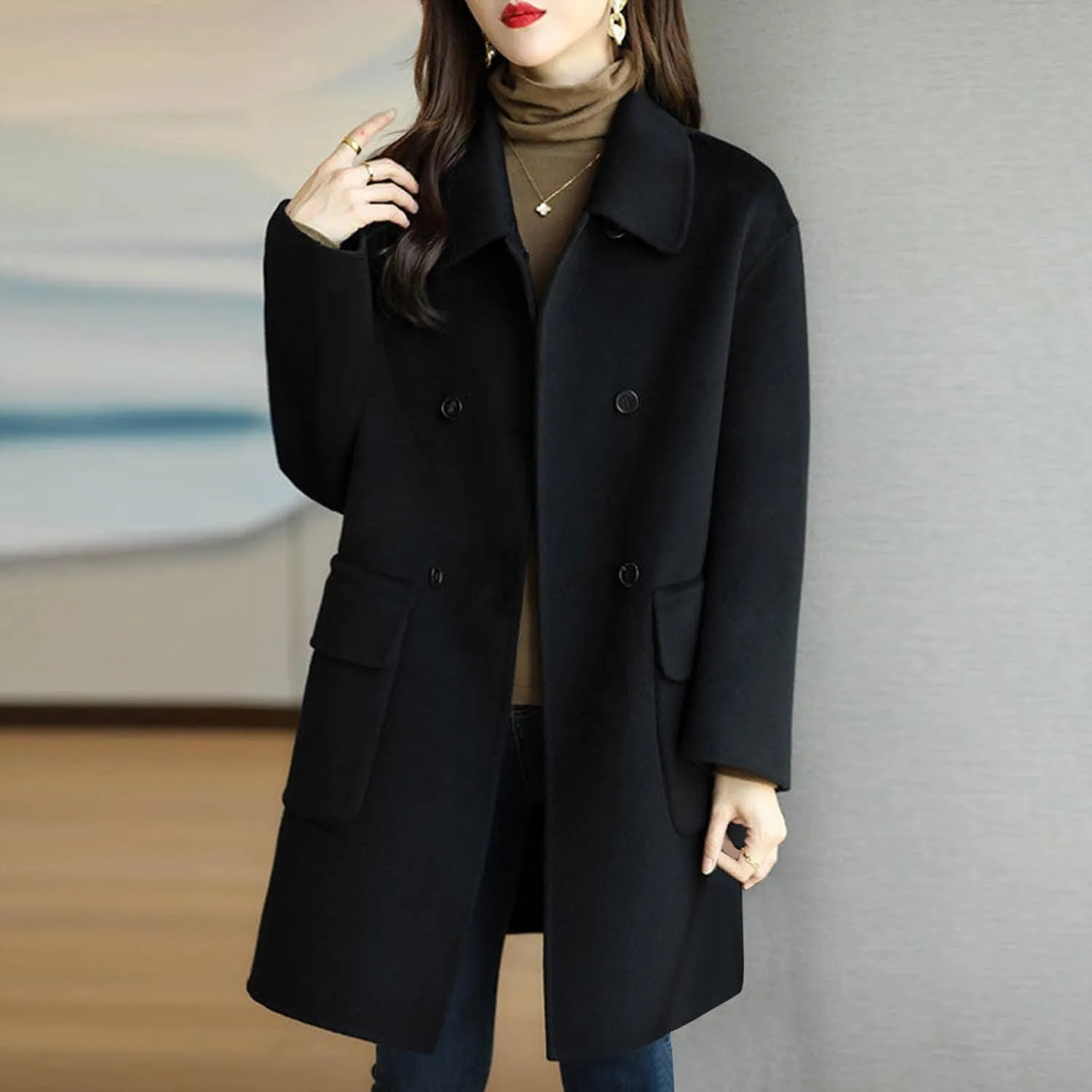 YRAETENM Wool Coats for Women Casual Notch Lapel Double Breasted Warm Pea Coat Business Office Work Overcoat with Pockets