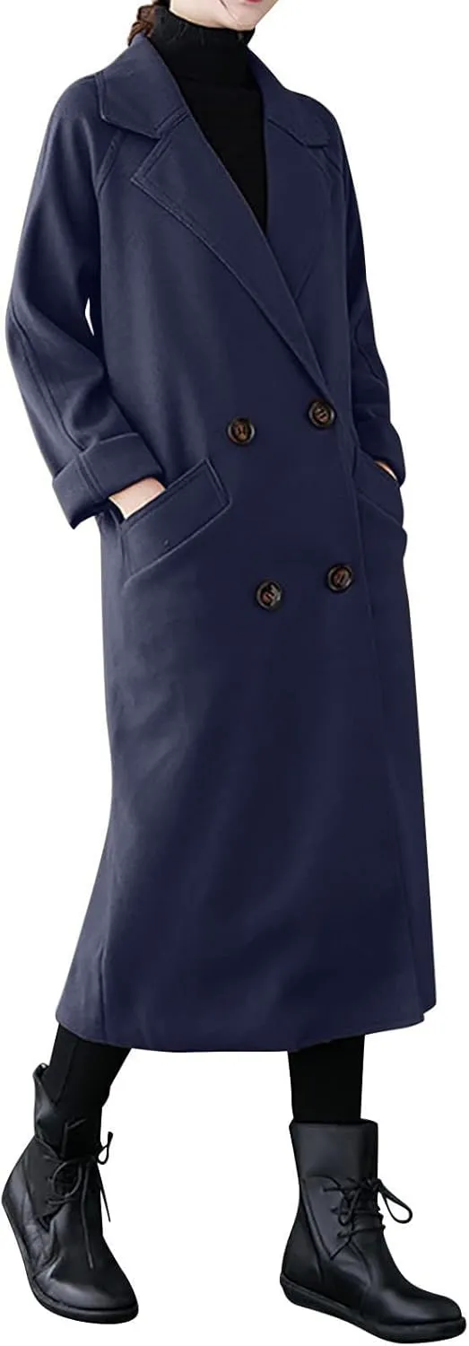 YRAETENM Wool Trench Coats for Women Lapel Collar Double Breasted Pea Coats Winter Casual Thick Mid-Length Outwear with Belt