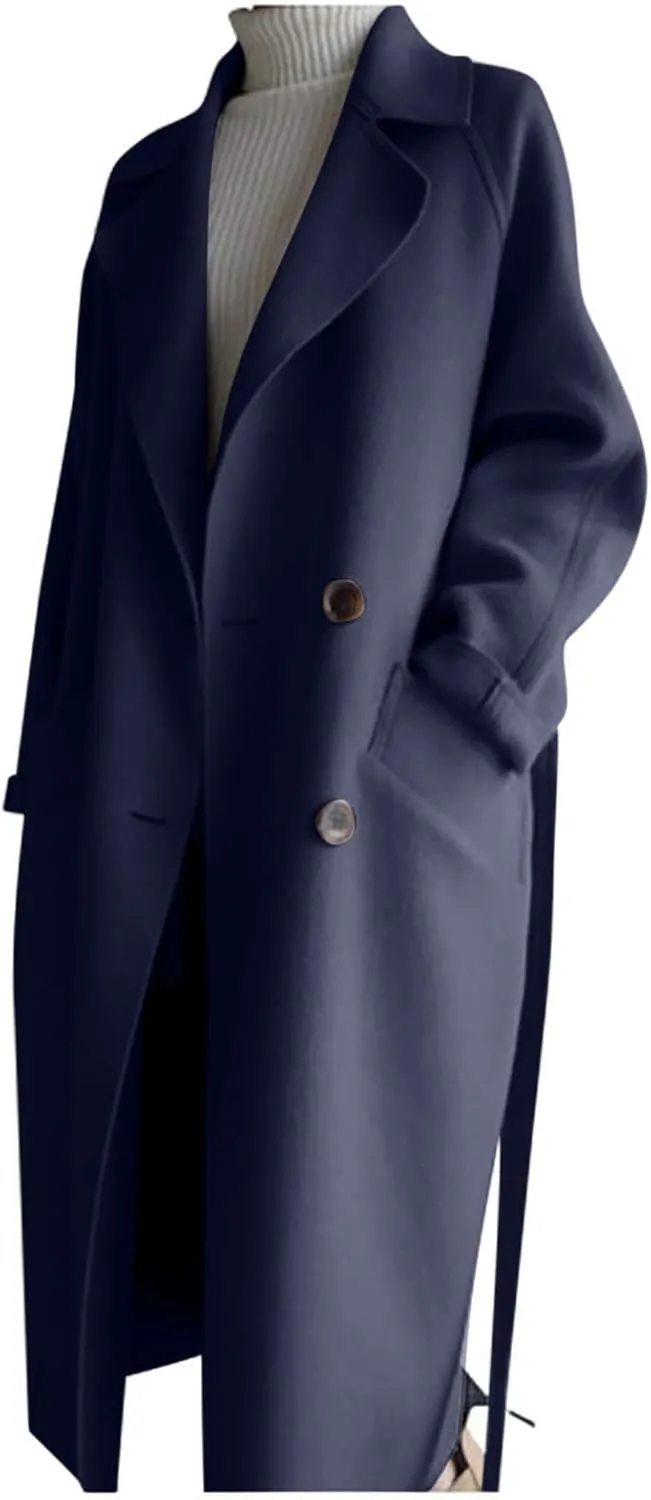 YRAETENM Wool Trench Coats for Women Lapel Collar Double Breasted Pea Coats Winter Casual Thick Mid-Length Outwear with Belt