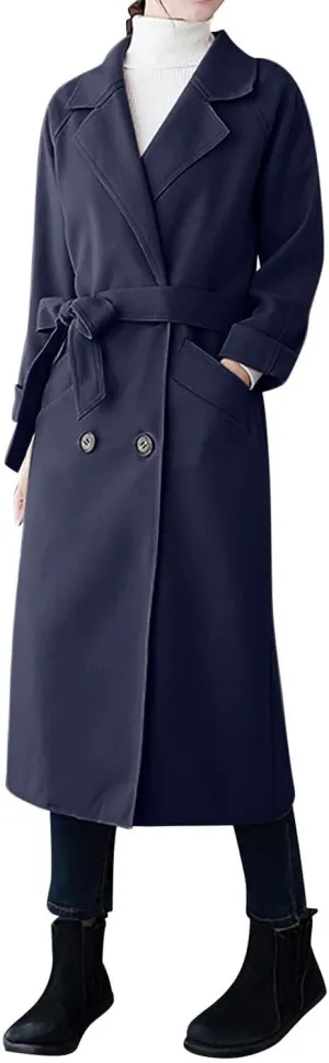 YRAETENM Wool Trench Coats for Women Lapel Collar Double Breasted Pea Coats Winter Casual Thick Mid-Length Outwear with Belt