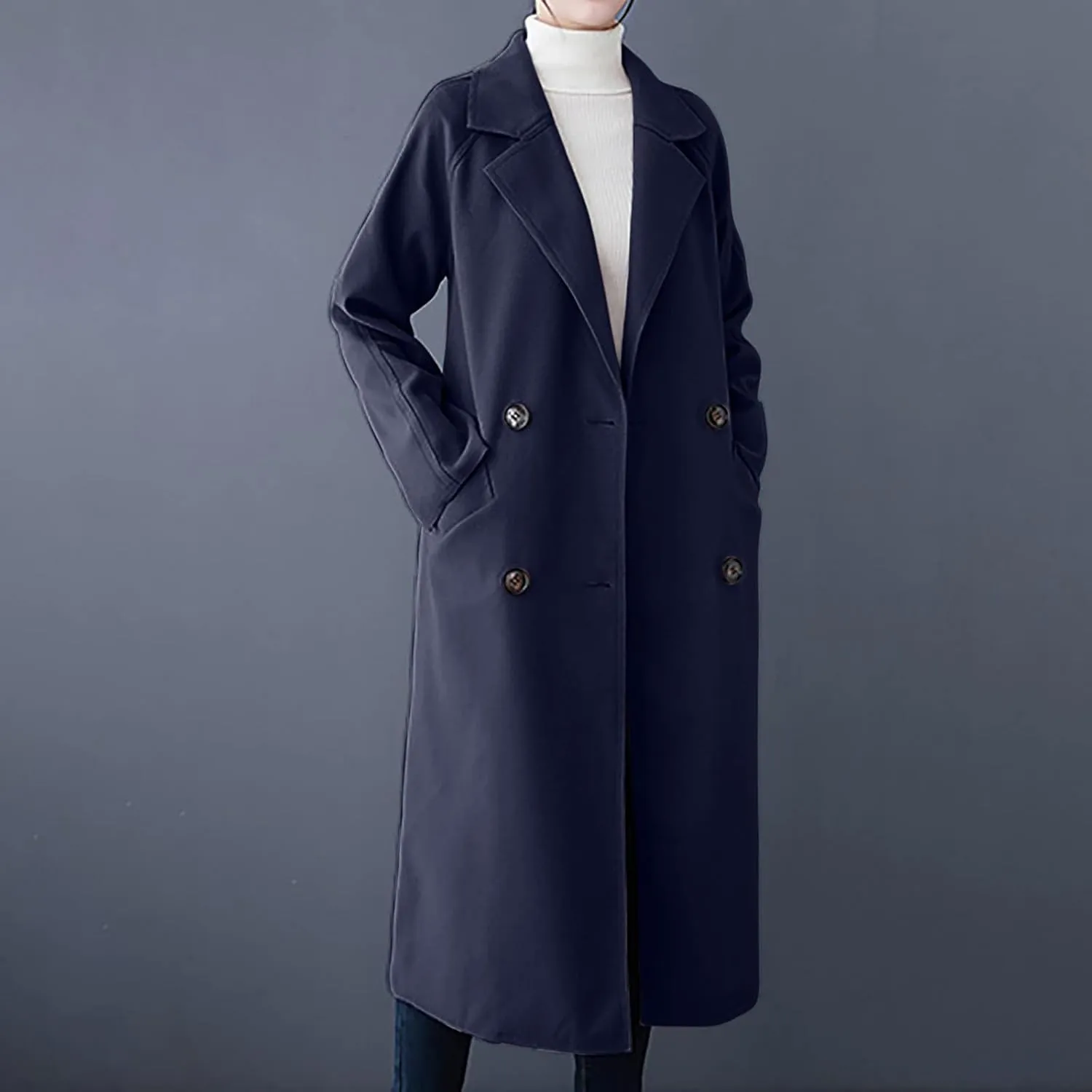 YRAETENM Wool Trench Coats for Women Lapel Collar Double Breasted Pea Coats Winter Casual Thick Mid-Length Outwear with Belt