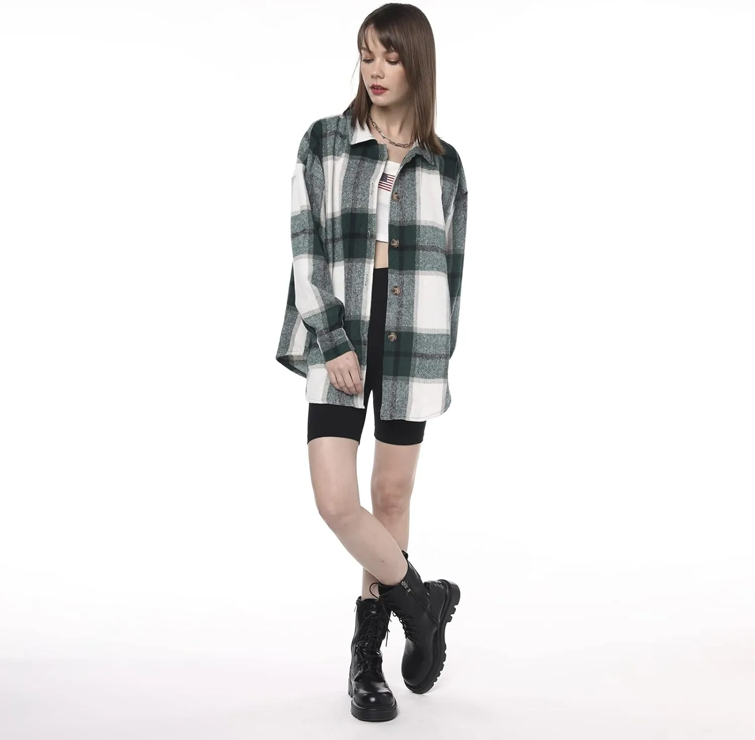 ZAFUL Women's Plaid Long Sleeve Shirt Button Down Thin Jacket Casual Flannel Plaid Shacket with Pocket
