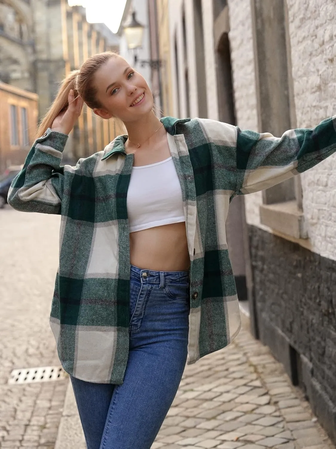 ZAFUL Women's Plaid Long Sleeve Shirt Button Down Thin Jacket Casual Flannel Plaid Shacket with Pocket