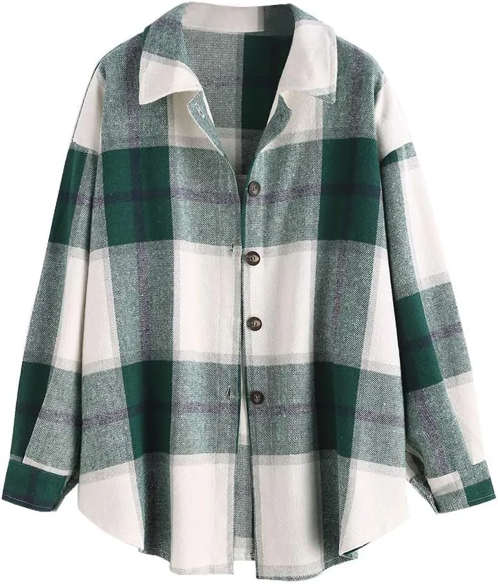 ZAFUL Women's Plaid Long Sleeve Shirt Button Down Thin Jacket Casual Flannel Plaid Shacket with Pocket