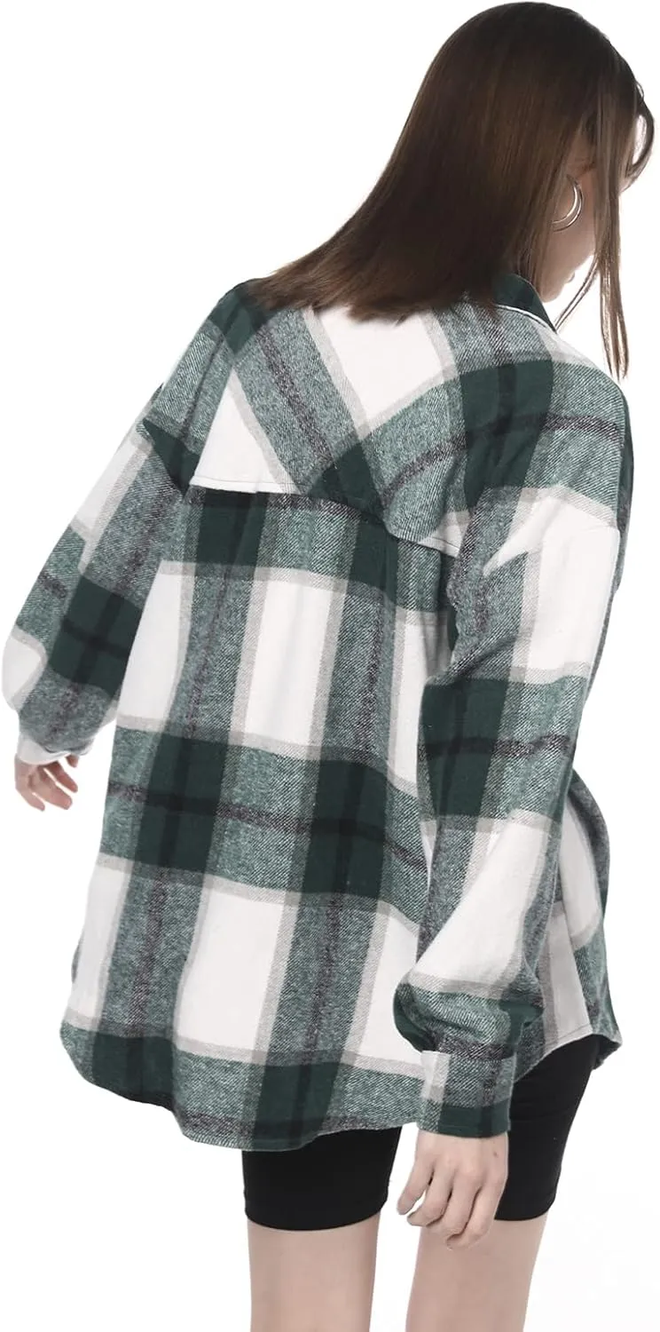 ZAFUL Women's Plaid Long Sleeve Shirt Button Down Thin Jacket Casual Flannel Plaid Shacket with Pocket