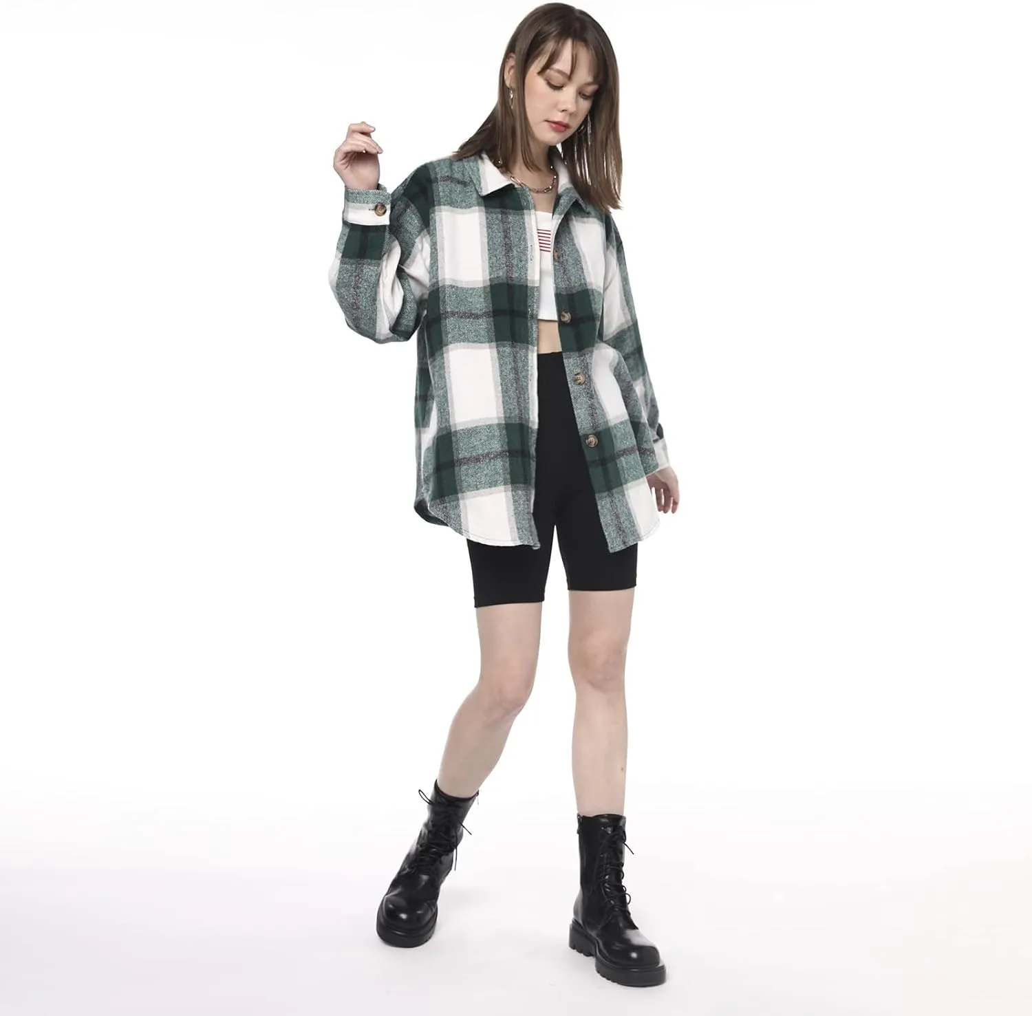ZAFUL Women's Plaid Long Sleeve Shirt Button Down Thin Jacket Casual Flannel Plaid Shacket with Pocket