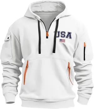 ZEFOTIM Hoodie for Men Drawstring Quarter Zip Pullover 1776 American Sweatshirt Workout Hoodie with Pockets